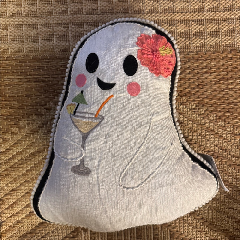 •Embroidered White Ghost Pillow with Vacation/Hawaiian Vibe Accents